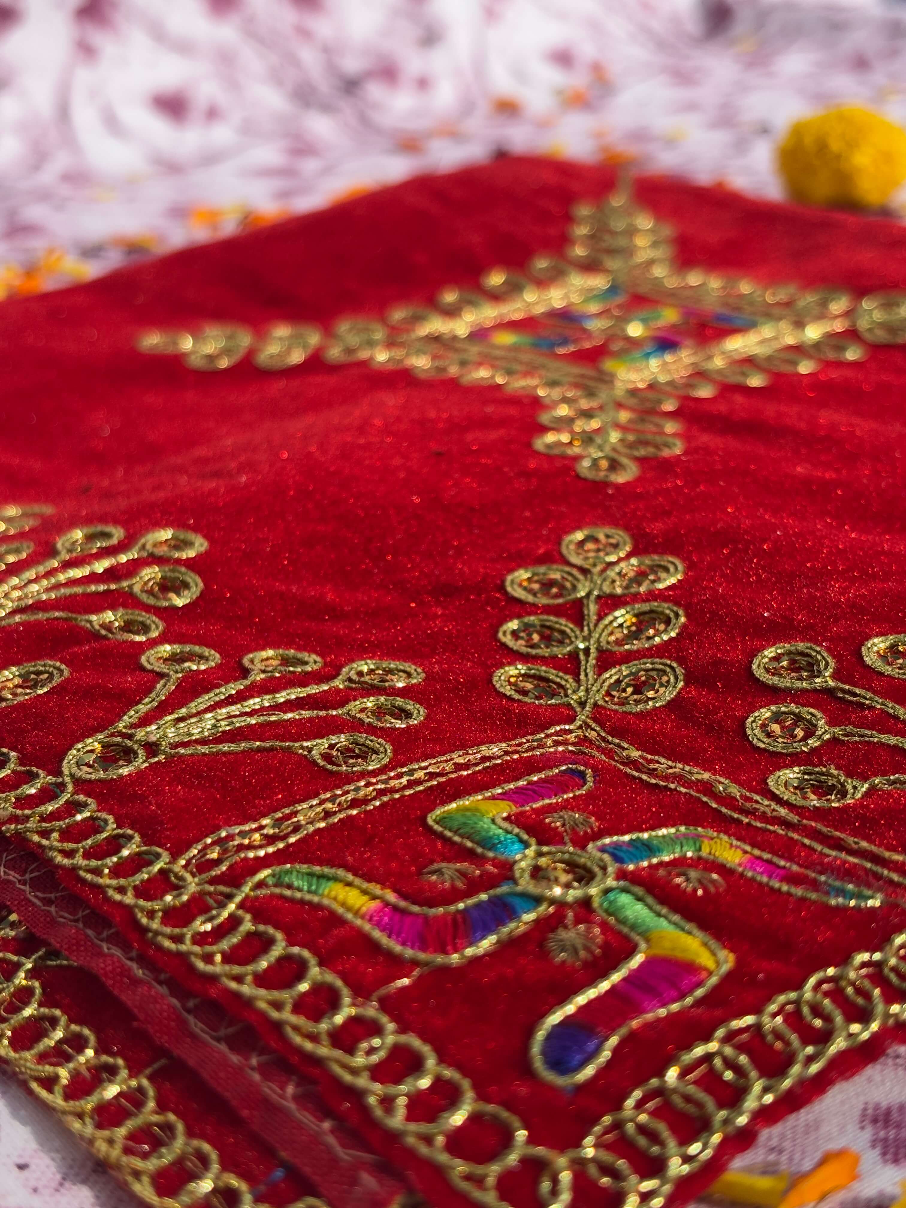 Velvet Red Swastik Embroidered Aasan Square