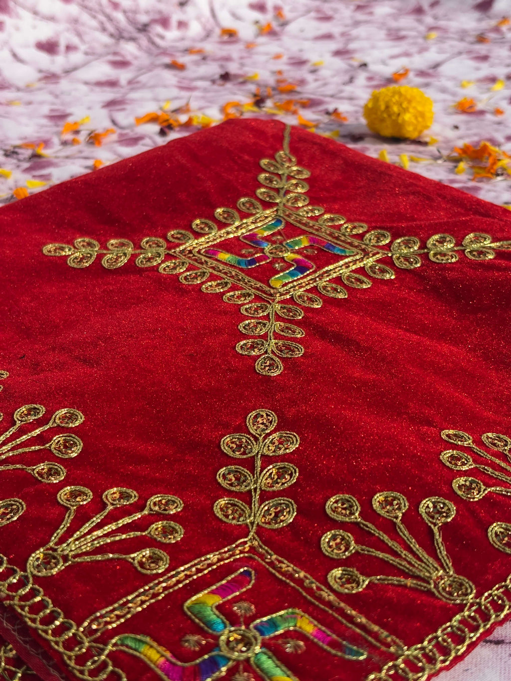 Velvet Red Swastik Embroidered Aasan Square