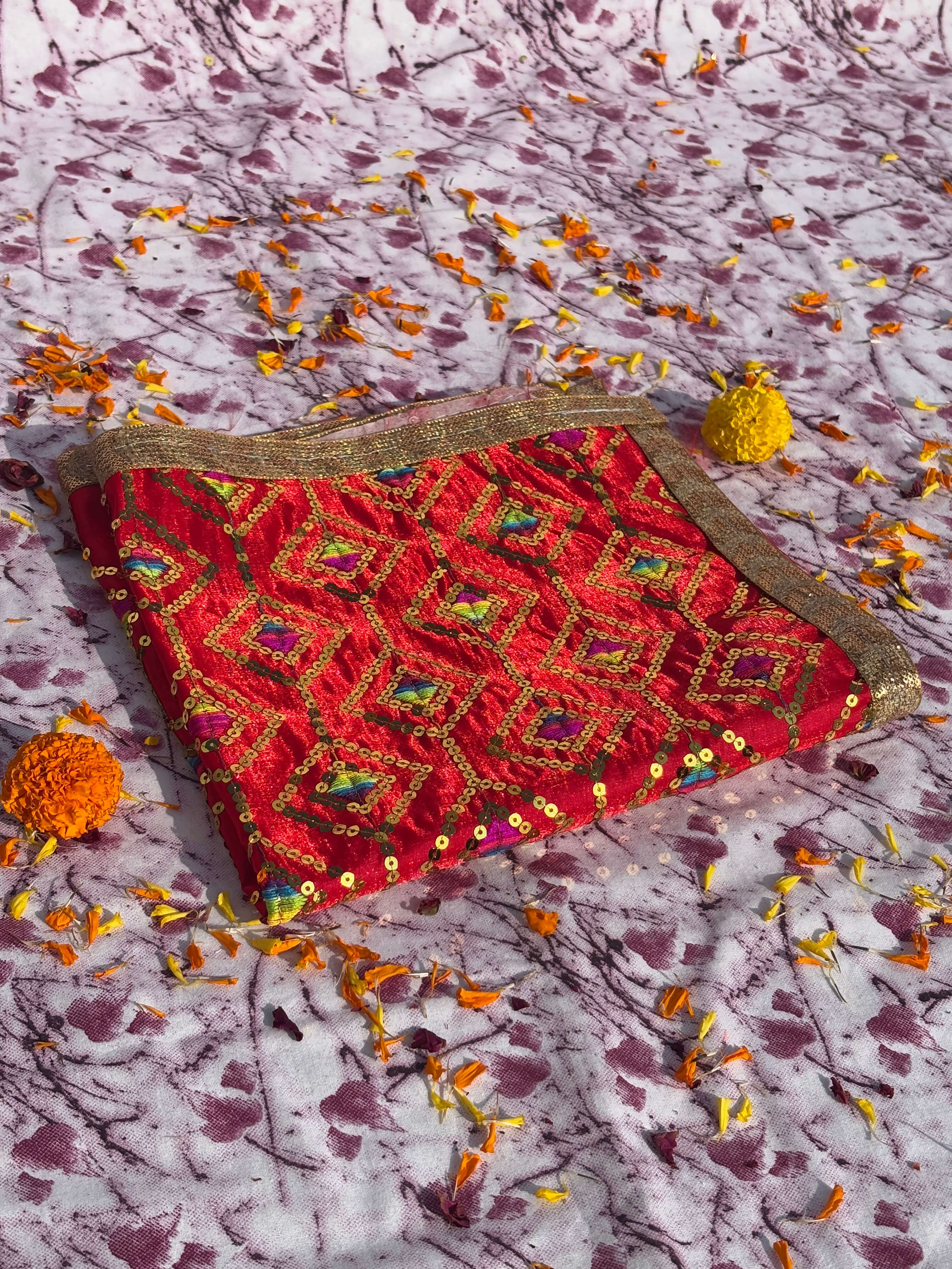 Velvet Red Diamond Embroidered Aasan
