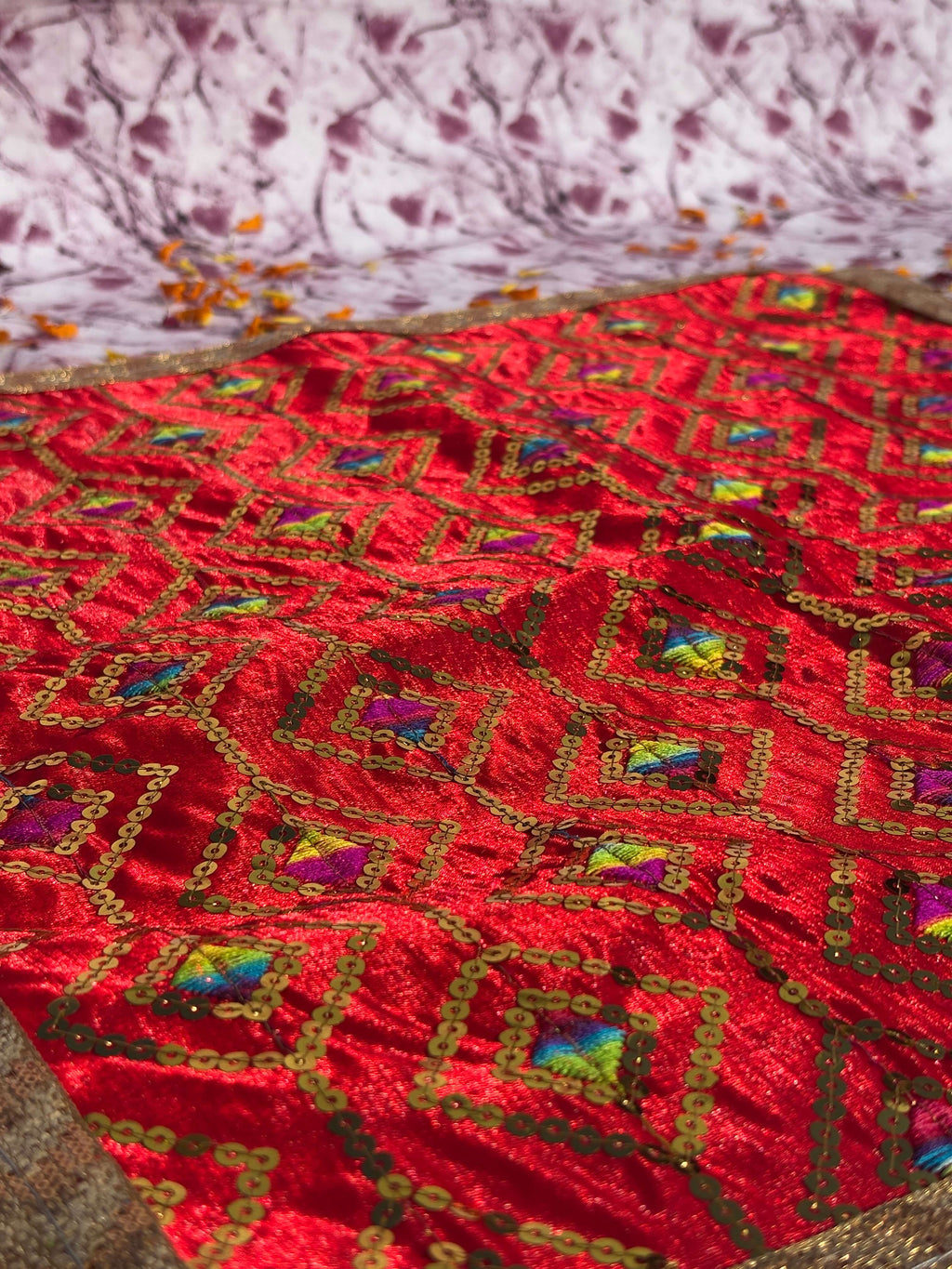 Velvet Red Diamond Embroidered Aasan