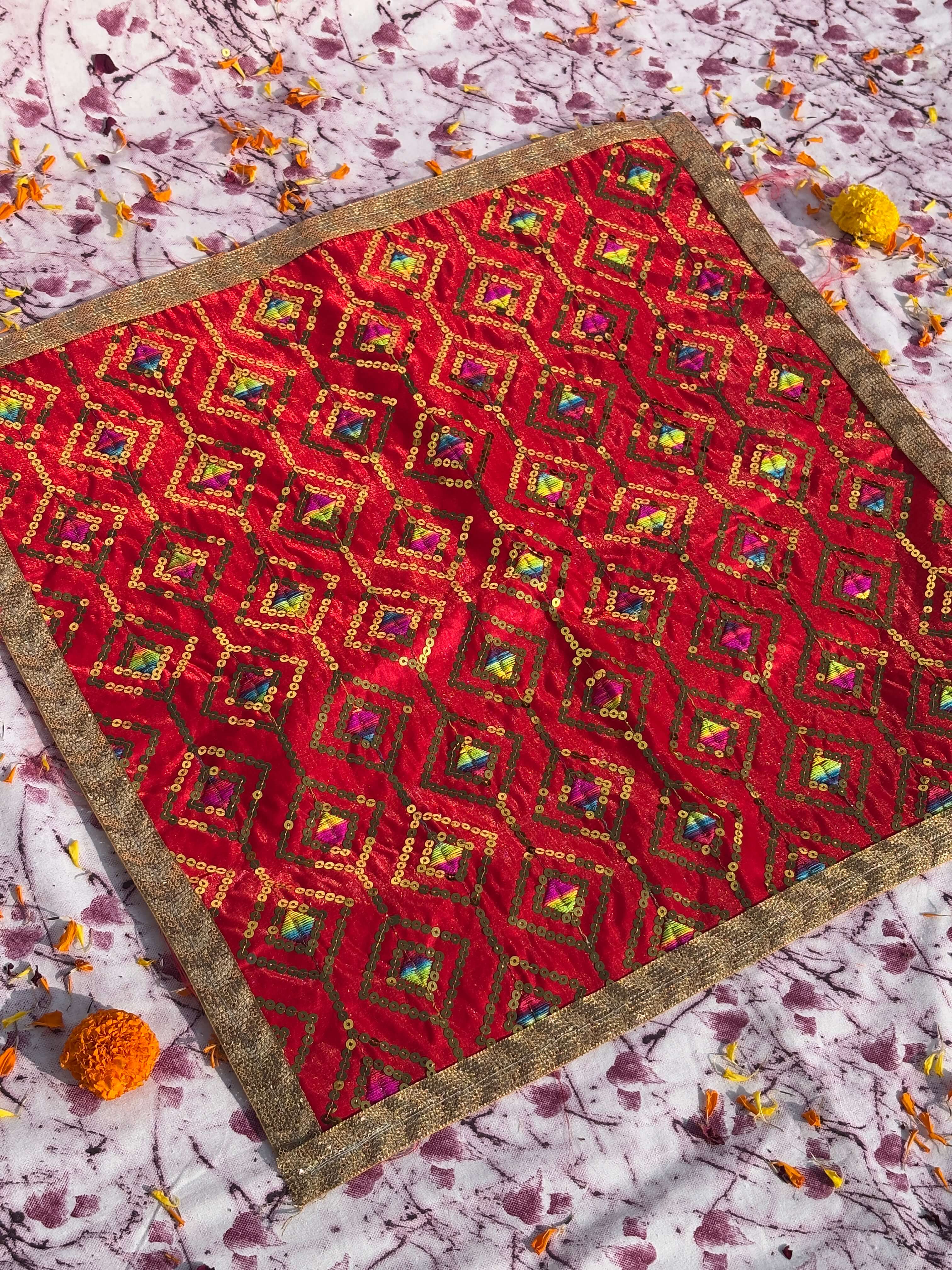 Velvet Red Diamond Embroidered Aasan