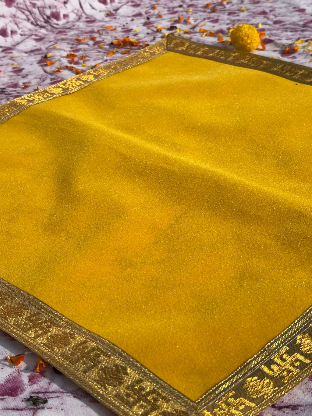 Plain Yellow Velvet Square Aasan with Golden Border