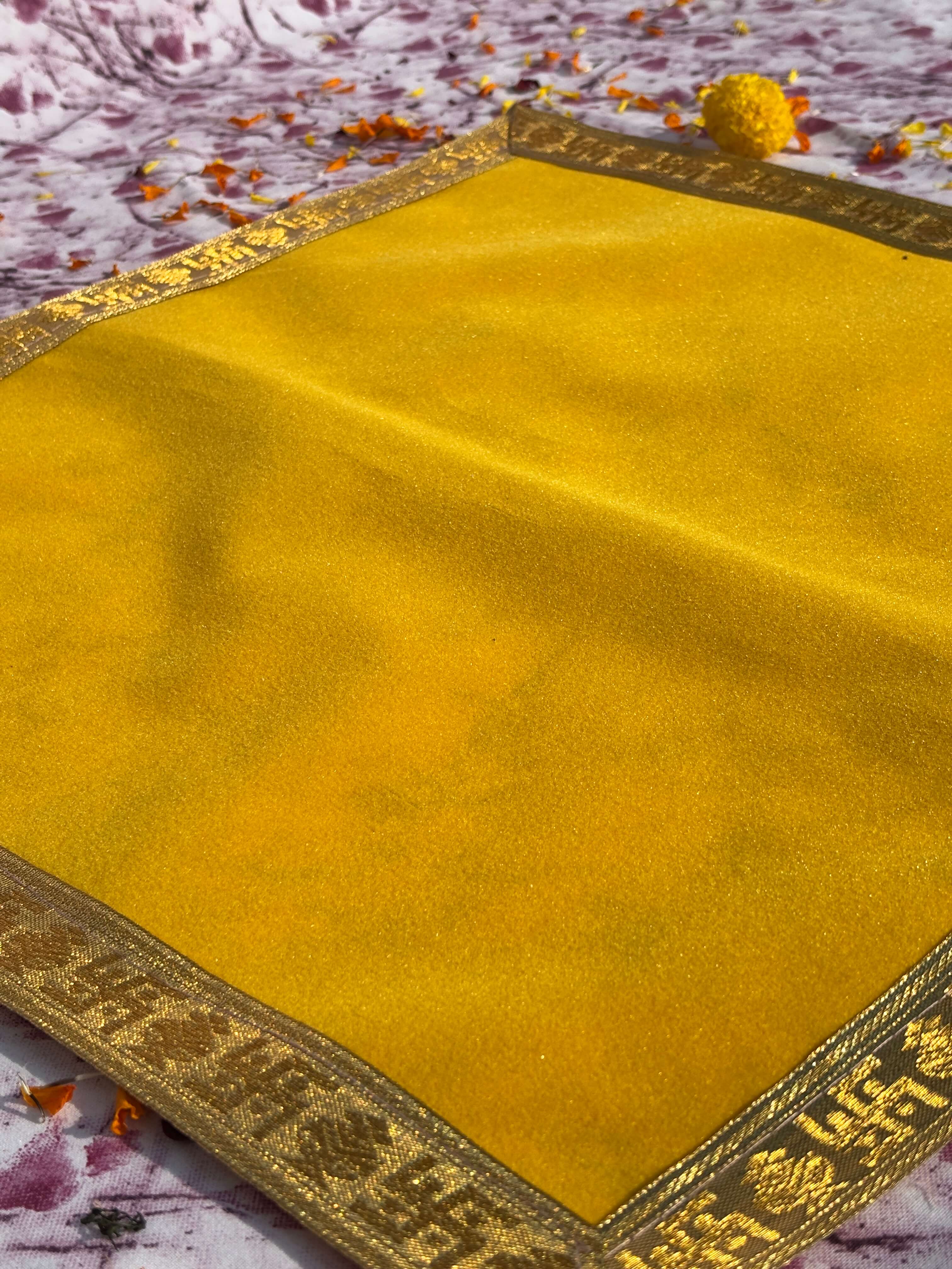 Plain Yellow Velvet Square Aasan with Golden Border