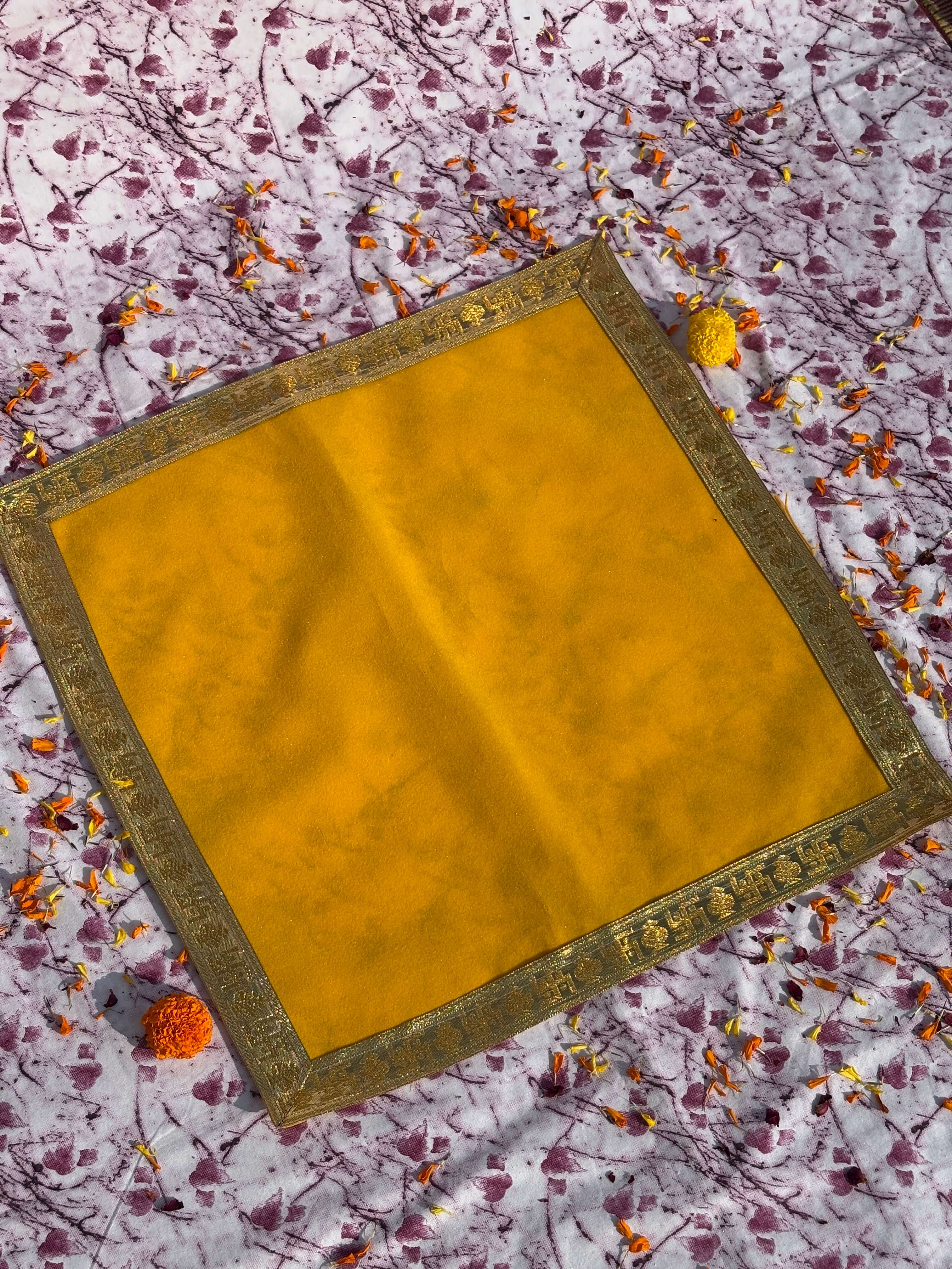 Plain Yellow Velvet Square Aasan with Golden Border