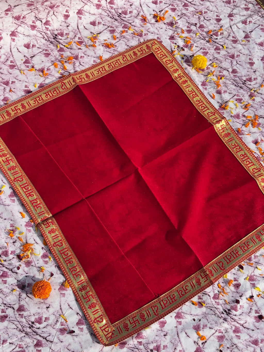 Velvet Plain Red Jai Mata Di Embroidered Aasan