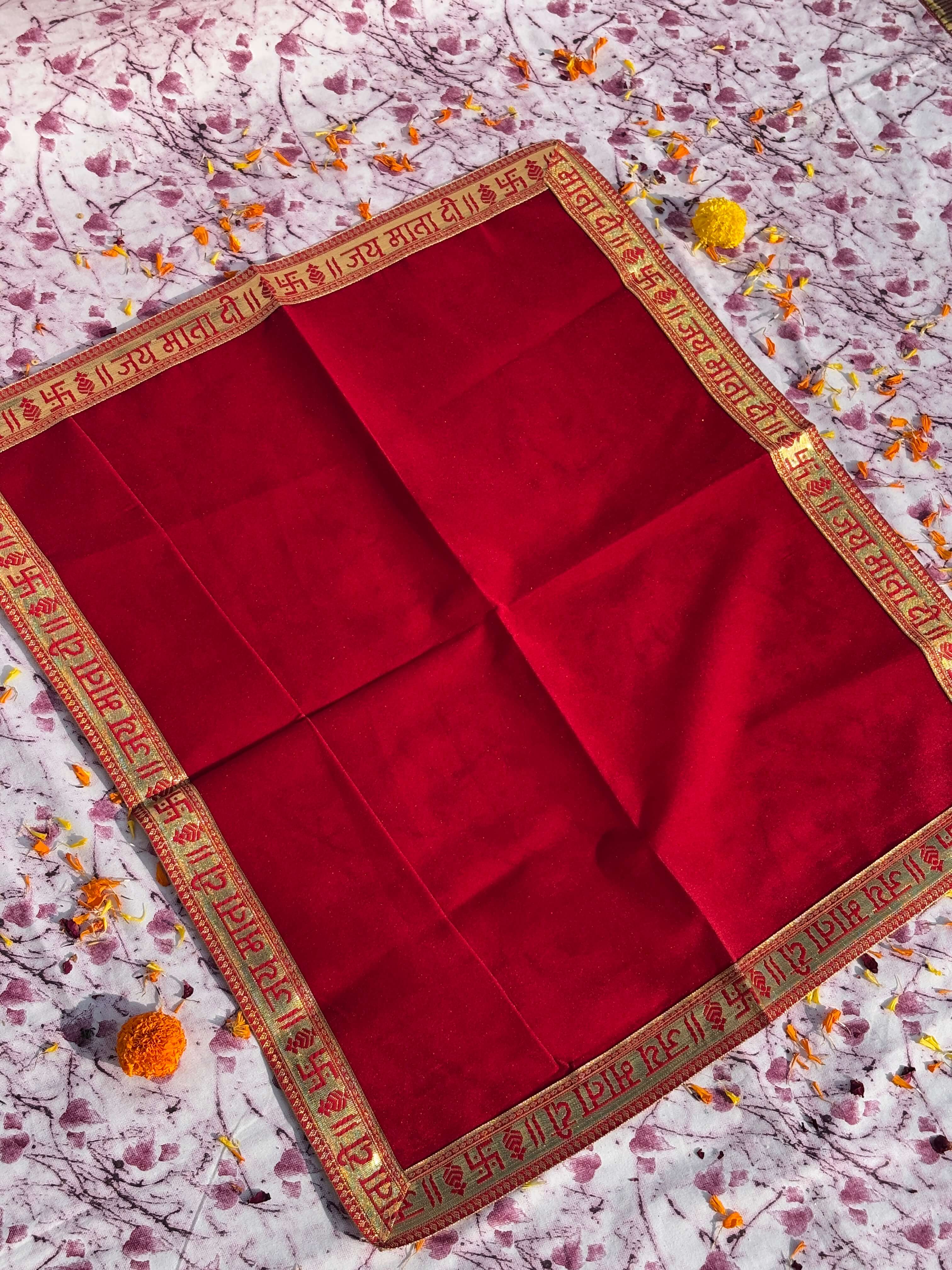 Velvet Plain Red Jai Mata Di Embroidered Aasan