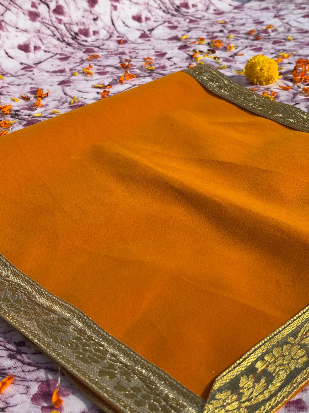 Orange Velvet Rectangular Puja Aasan with Golden Border