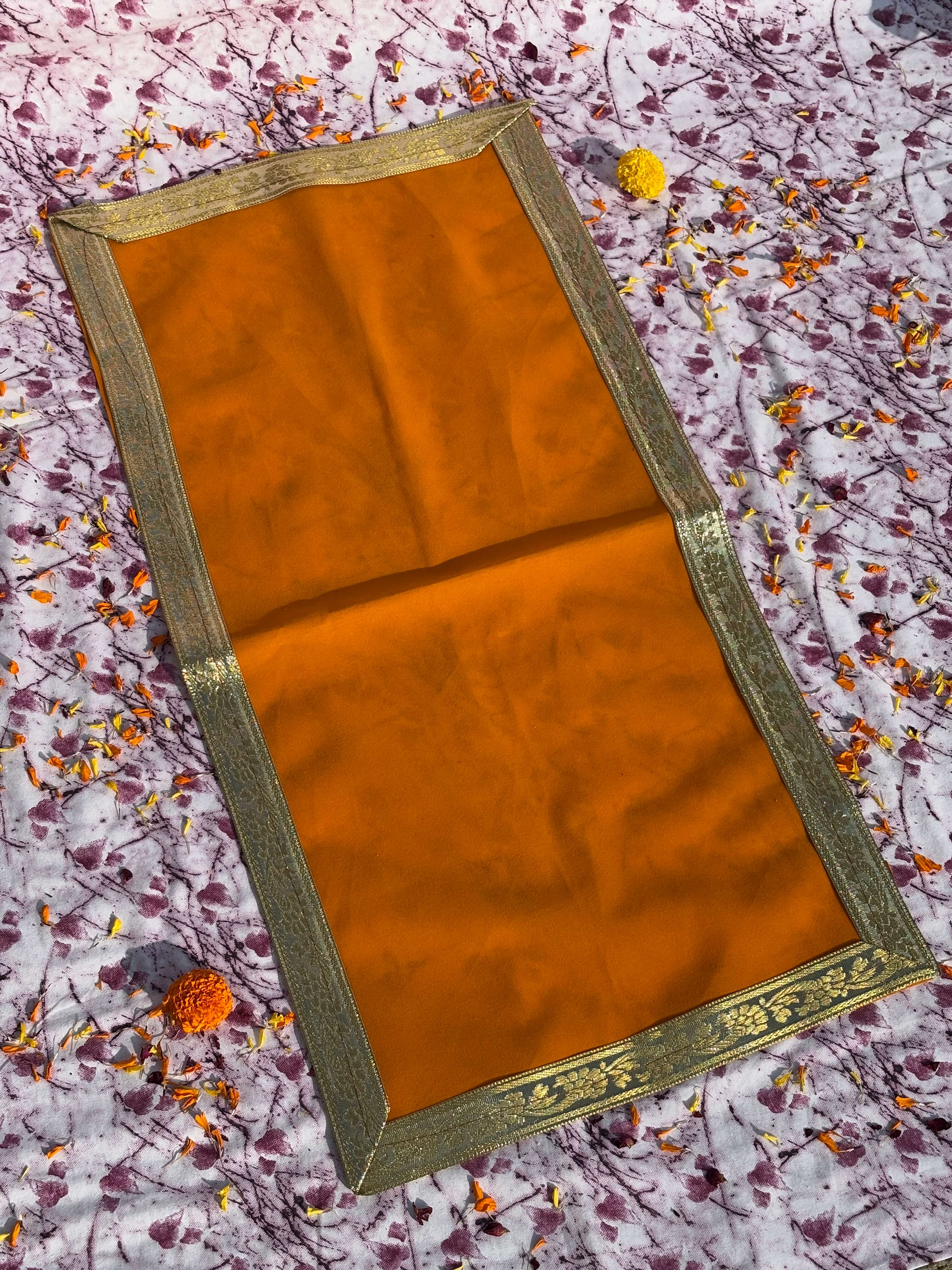 Orange Velvet Rectangular Puja Aasan with Golden Border
