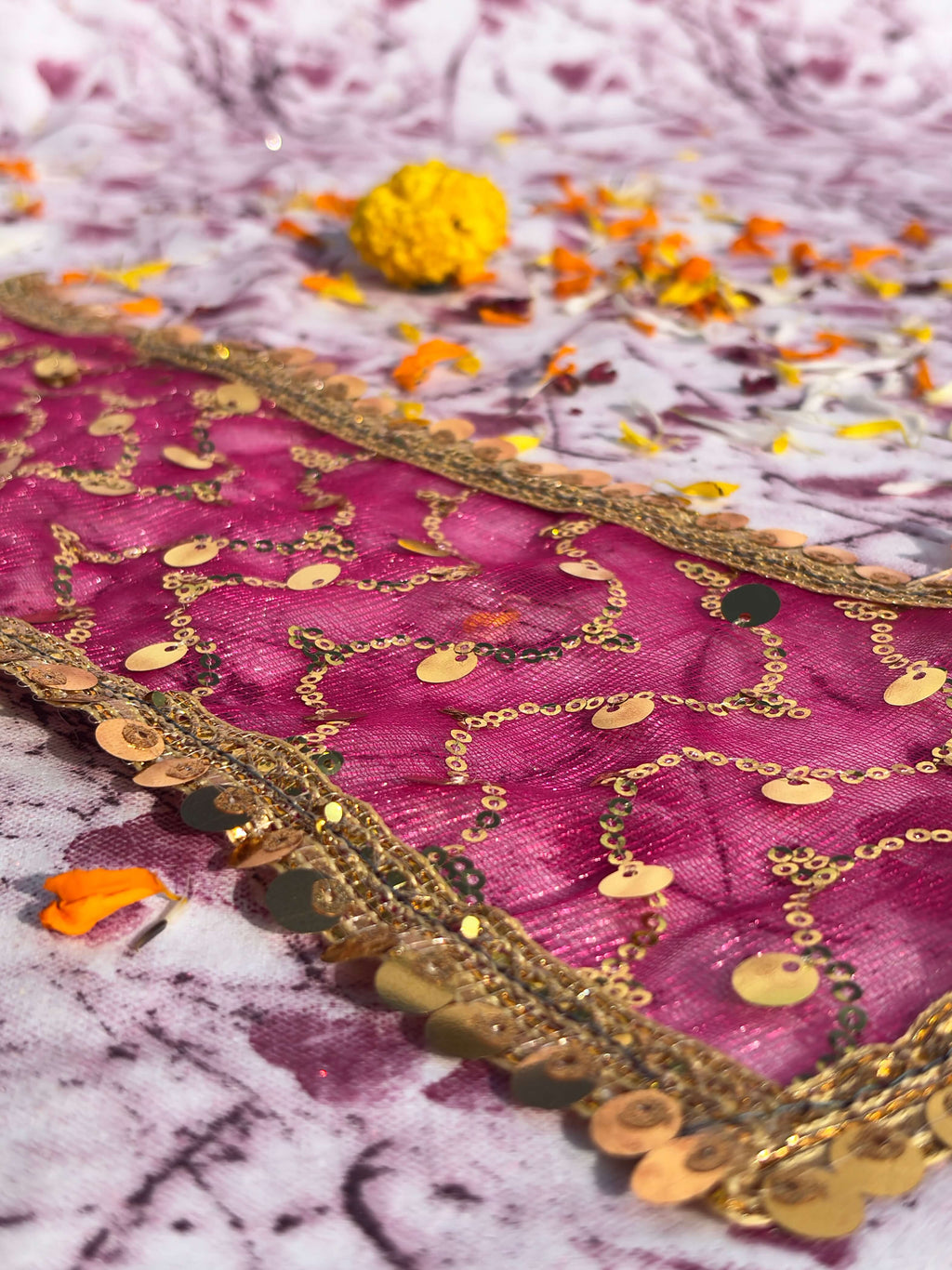 Pink Net Embroidered Chunri with Golden Sequin Border