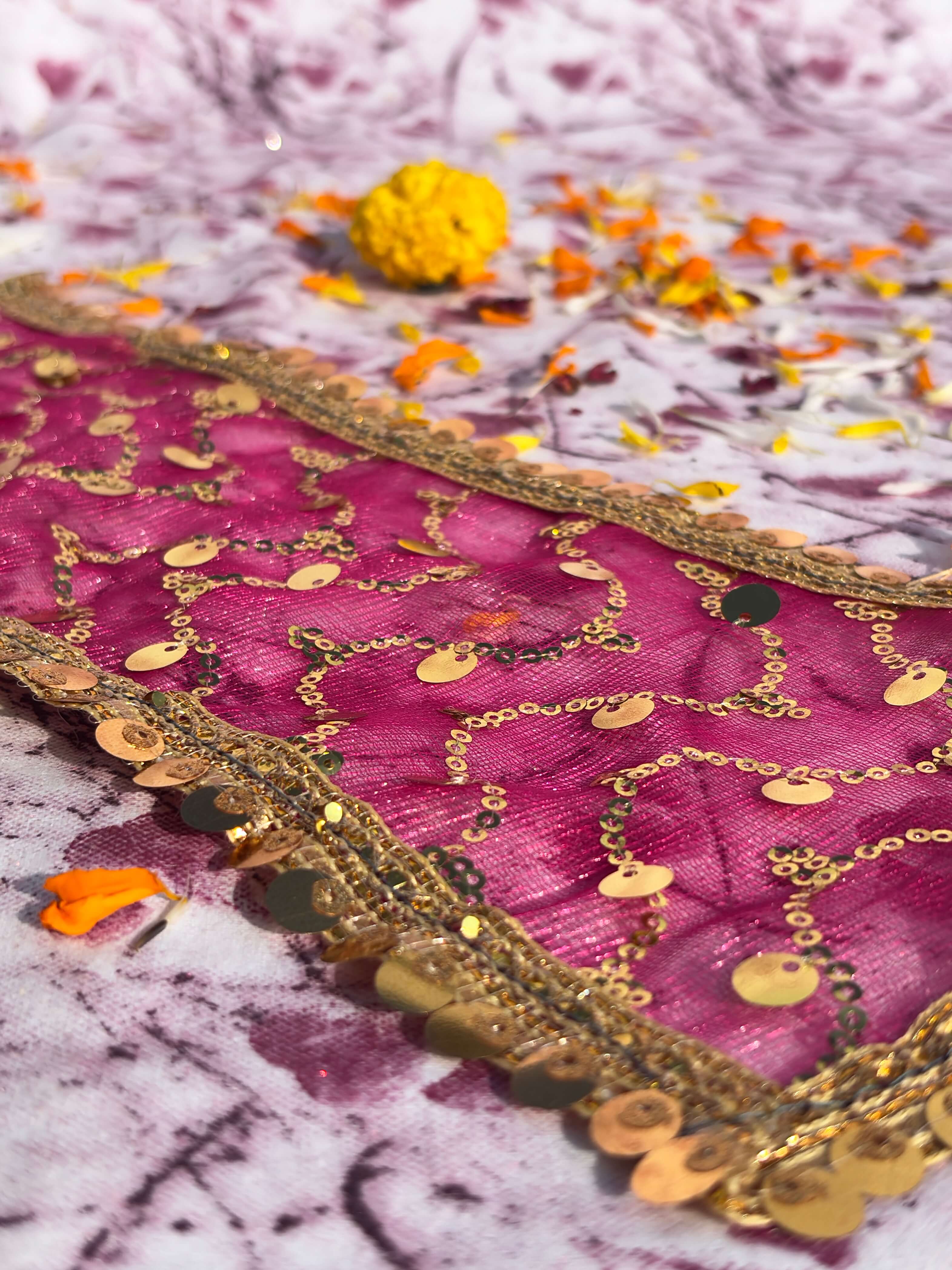 Pink Net Embroidered Chunri with Golden Sequin Border