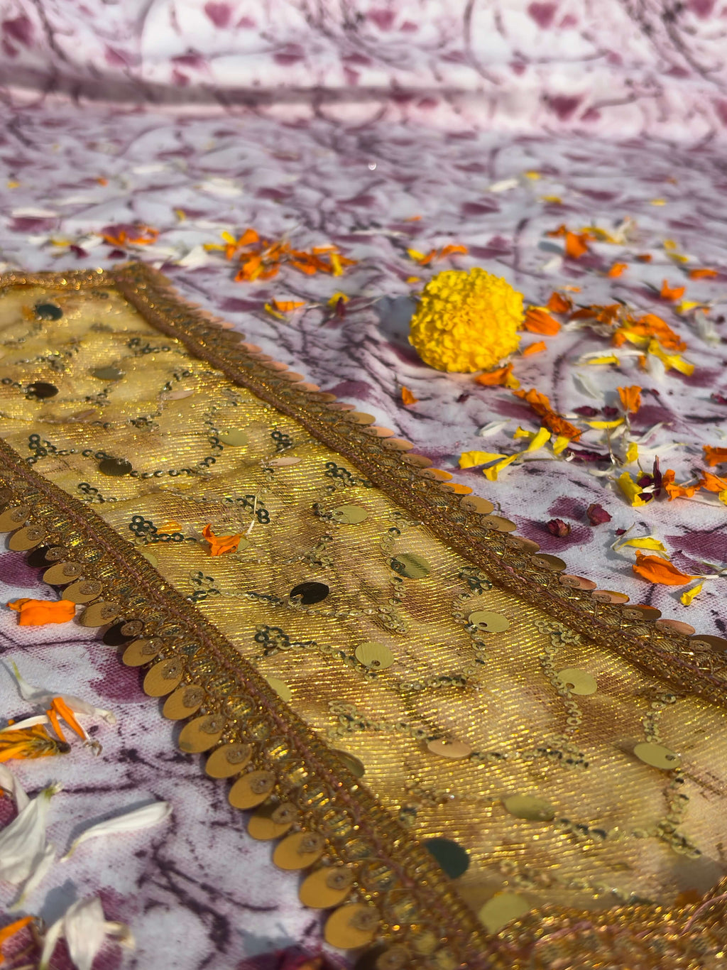 Yellow Sequin Embroidered Puja Chunri