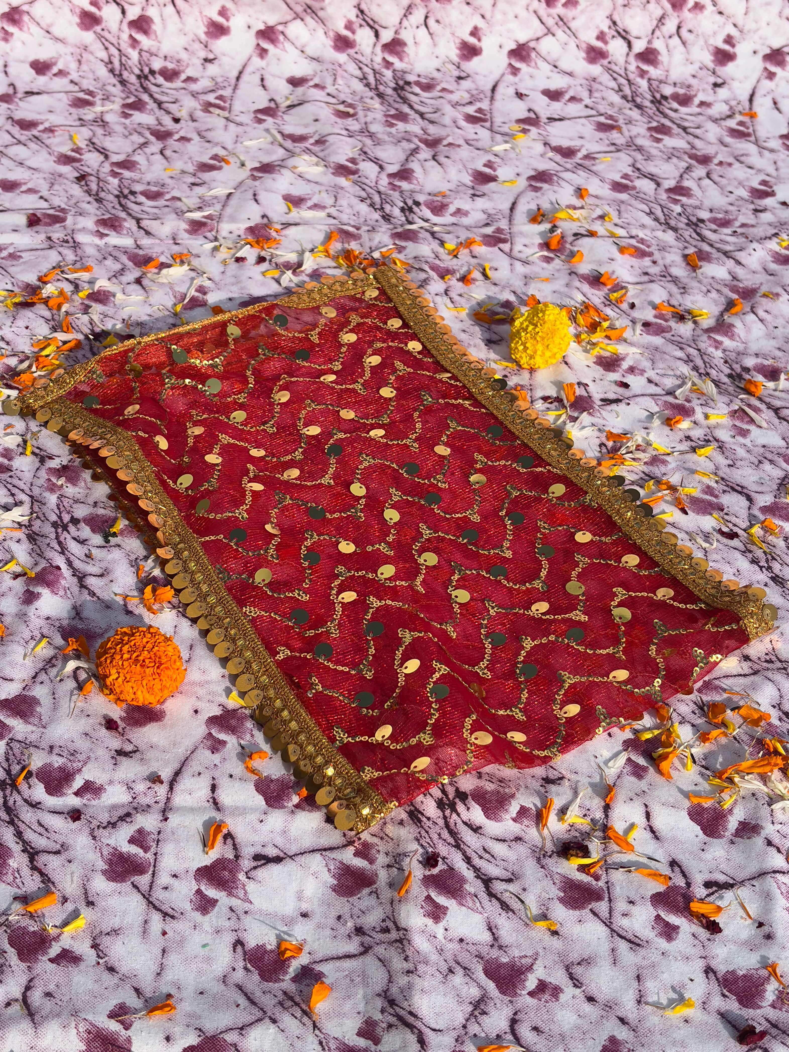 Red Net Sequin Embroidered Chunri