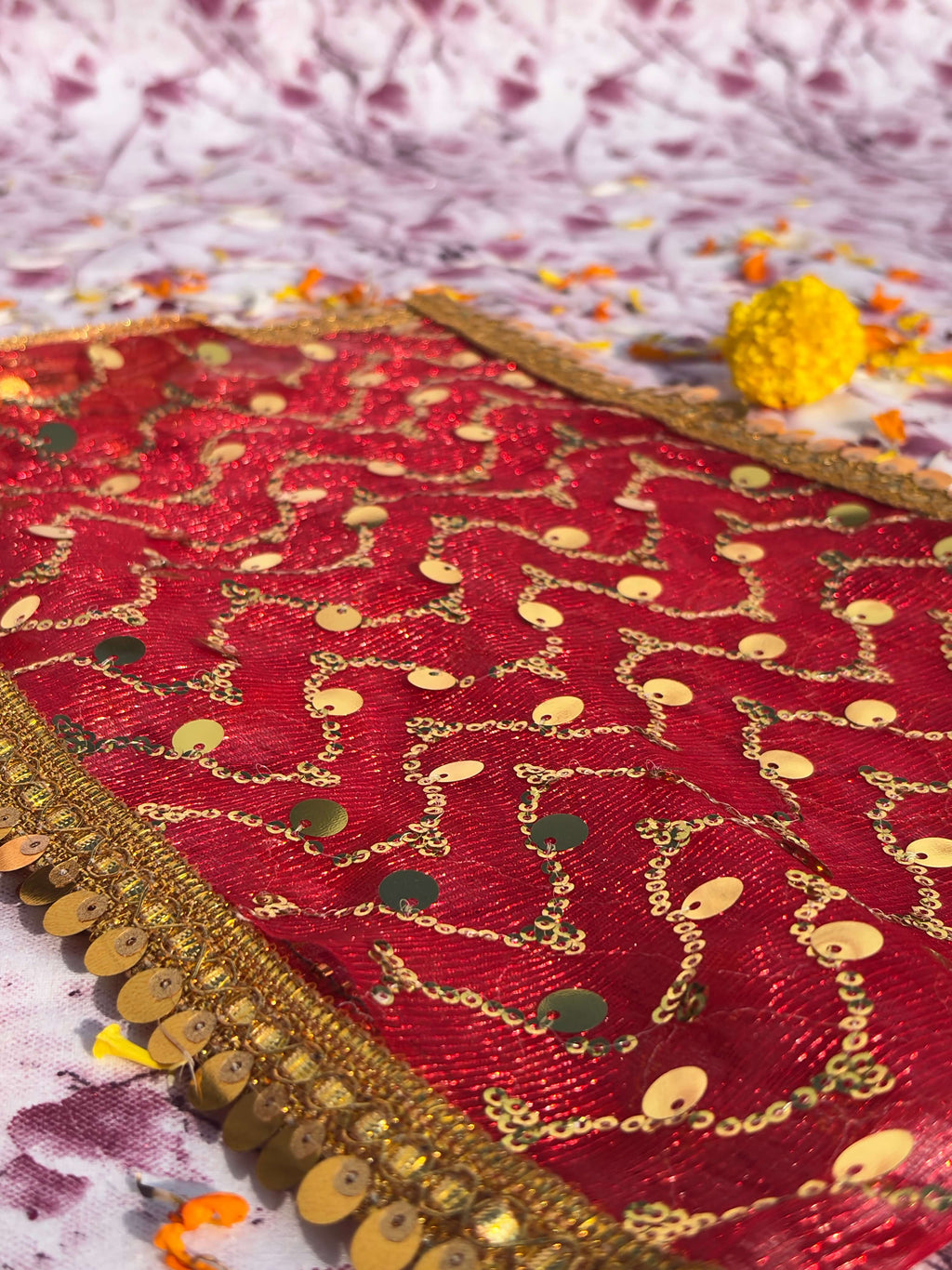 Red Net Sequin Embroidered Chunri