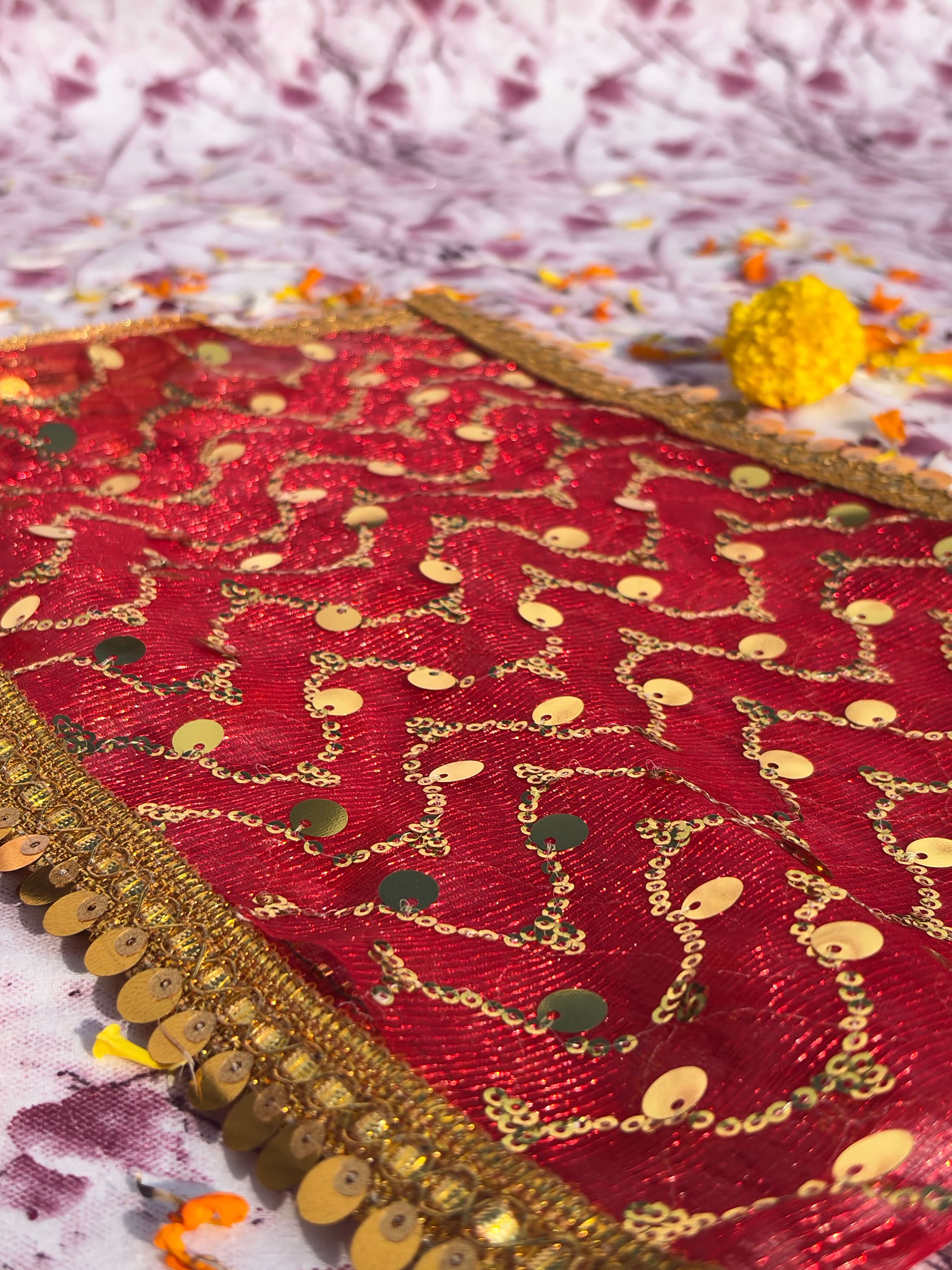 Red Net Sequin Embroidered Chunri