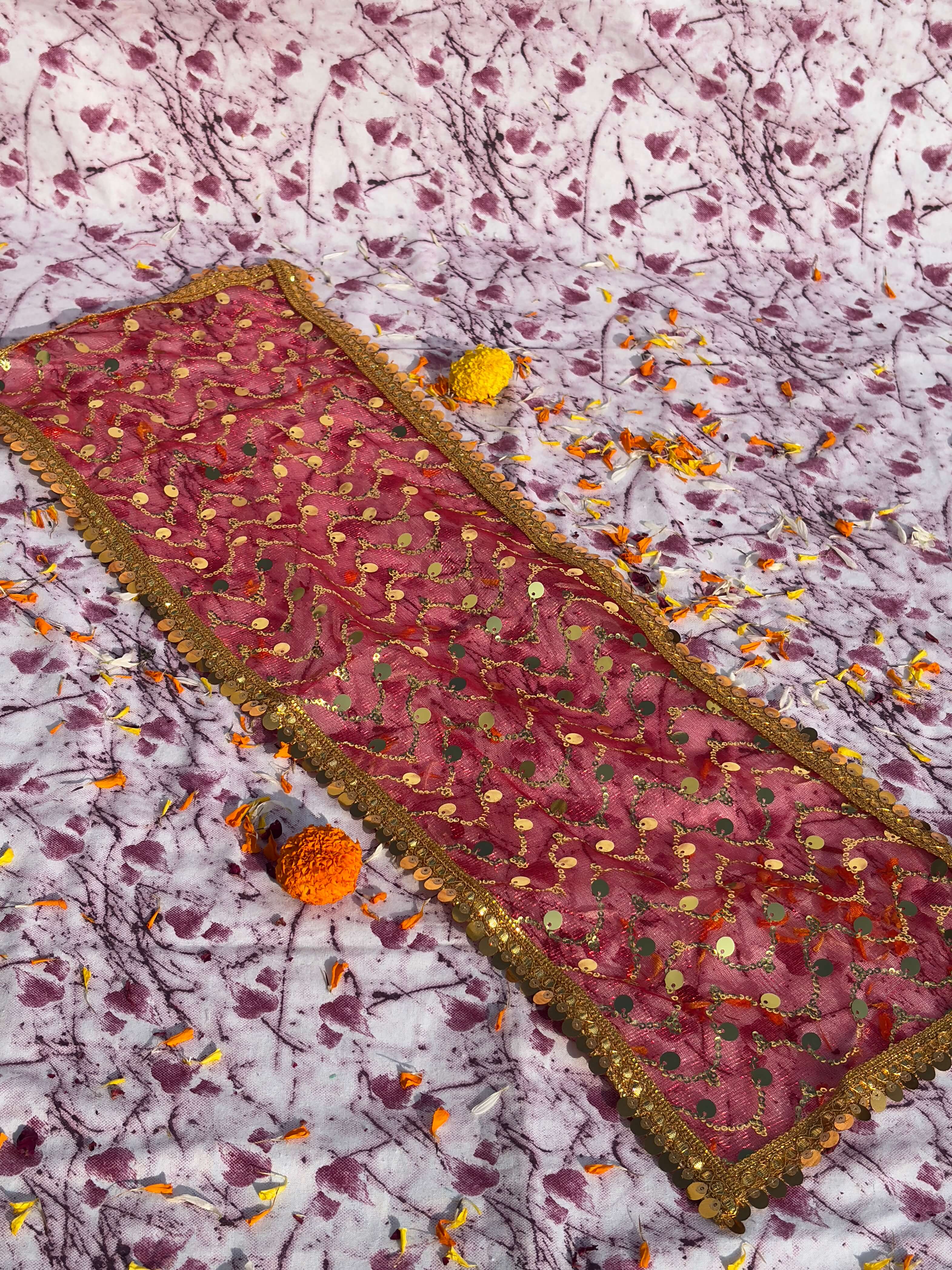 Red Net Sequin Embroidered Chunri