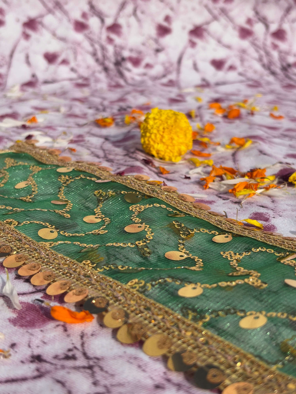 Green Net Chunri with Golden Sequin Embroidery