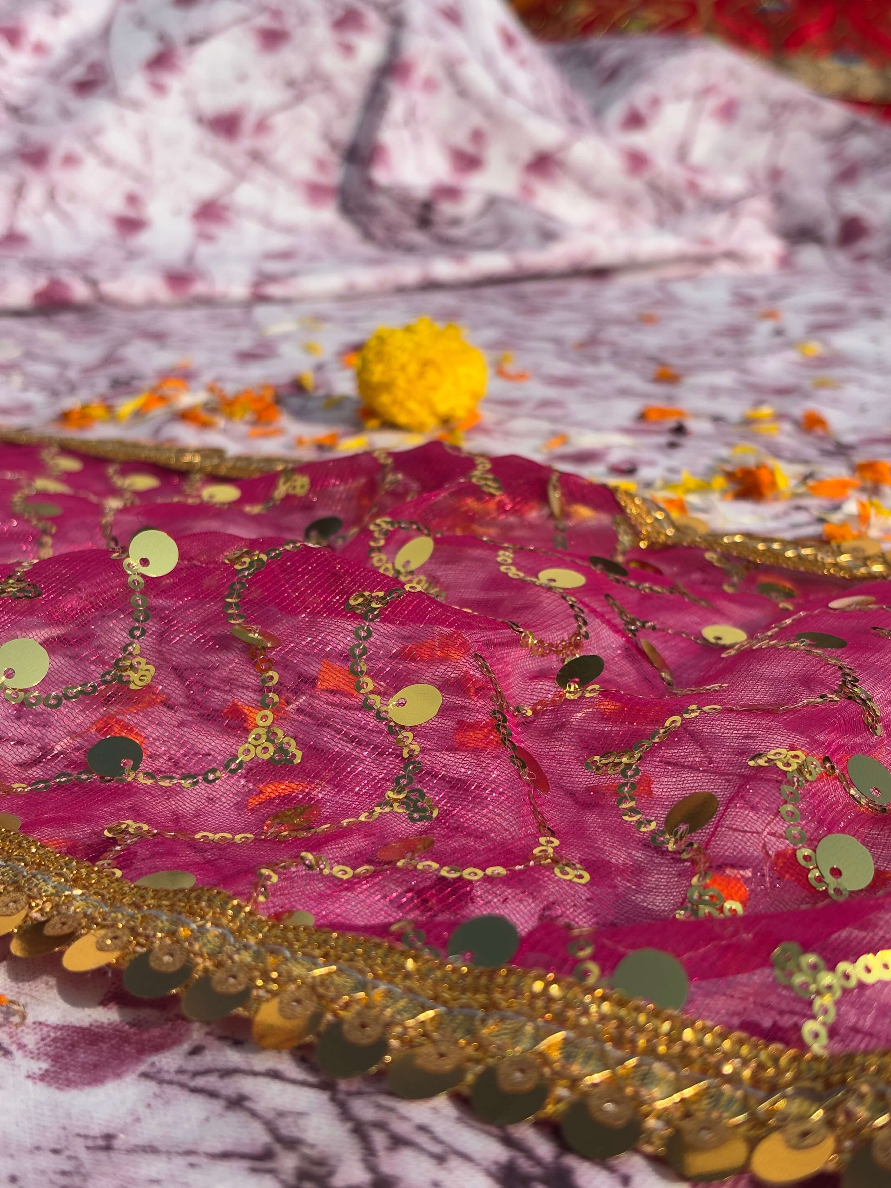 Pink Sequin Embroidered Puja Chunri
