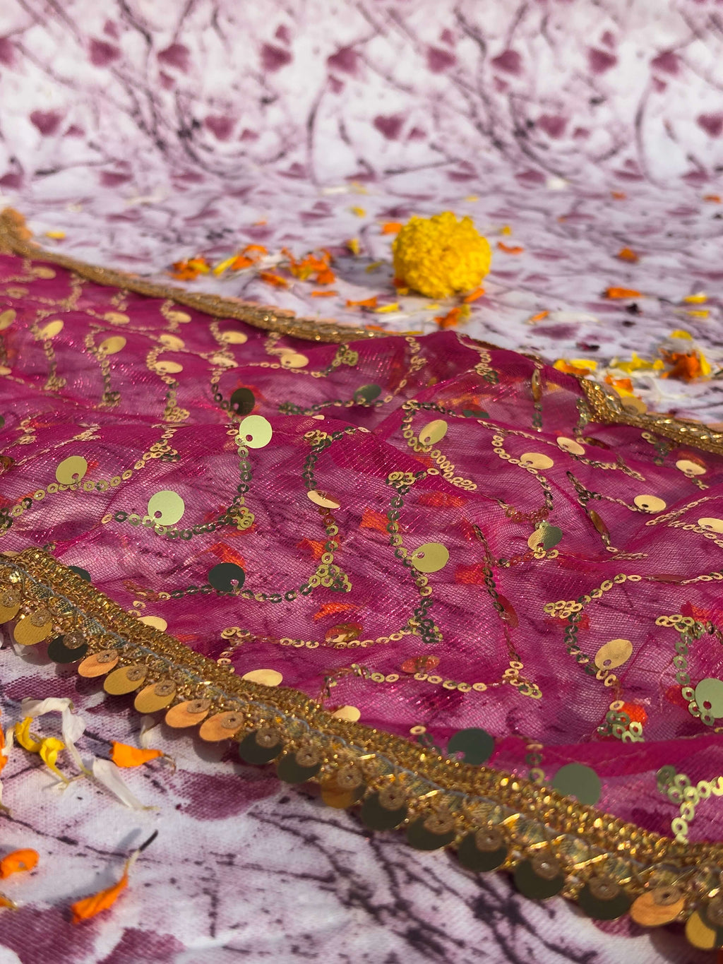 Pink Sequin Embroidered Puja Chunri