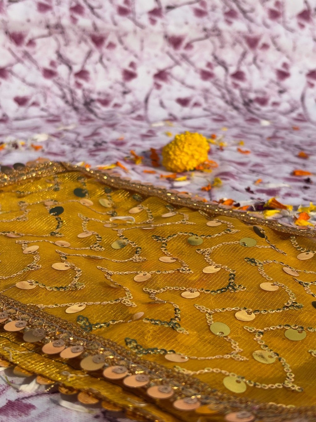 Golden Yellow Sequin Embroidered Chunri