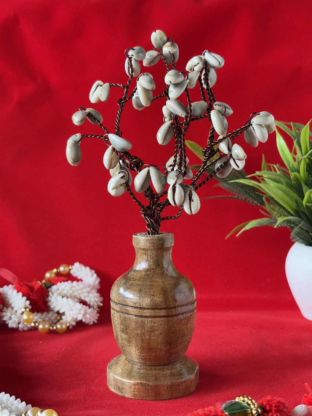White Cowrie Shell Tree on Wooden Base