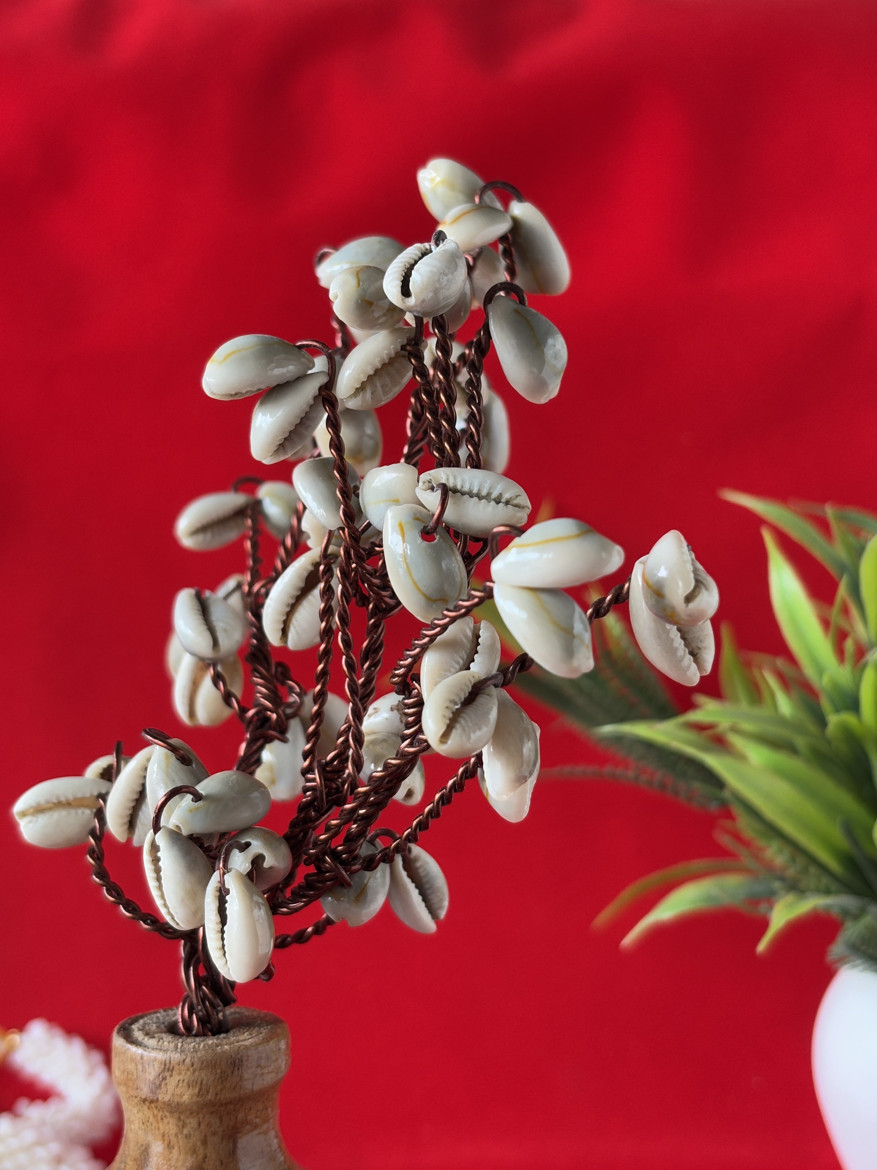 White Cowrie Shell Tree on Wooden Base