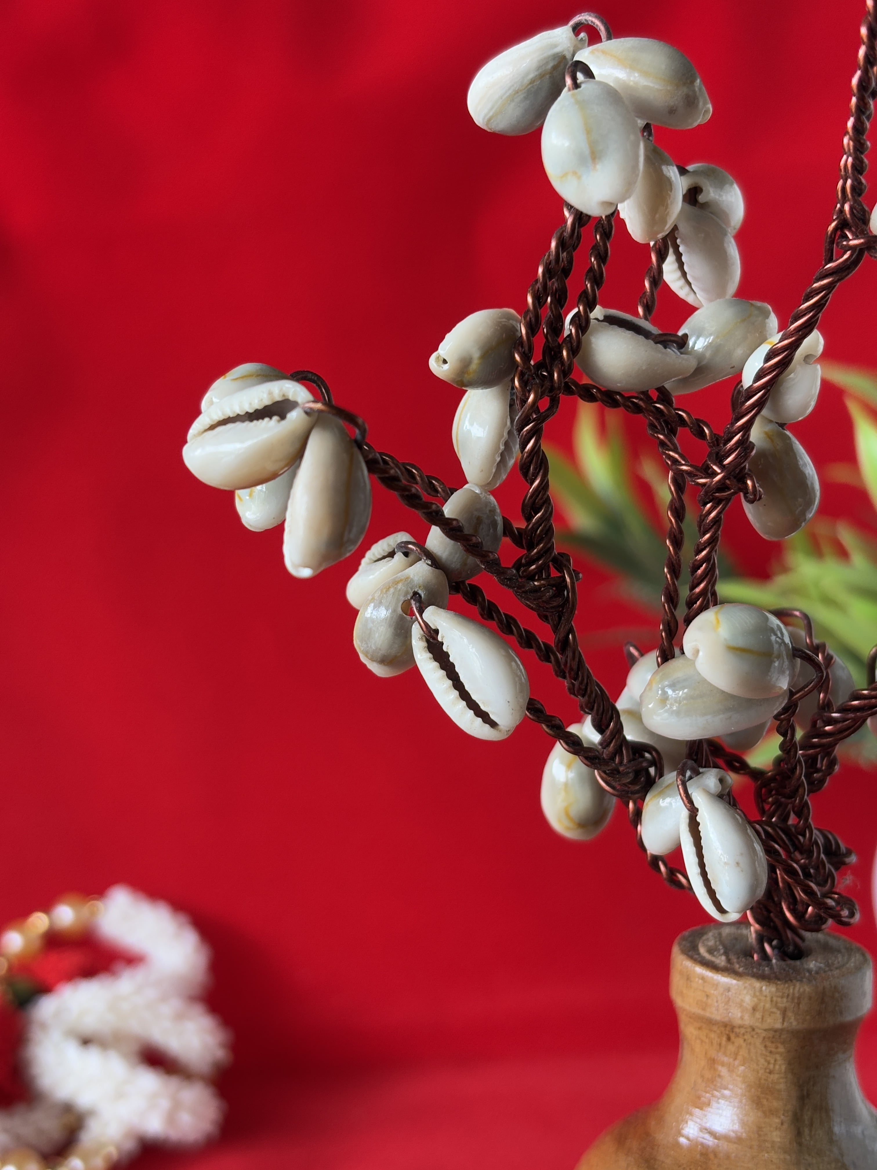White Cowrie Shell Tree on Wooden Base