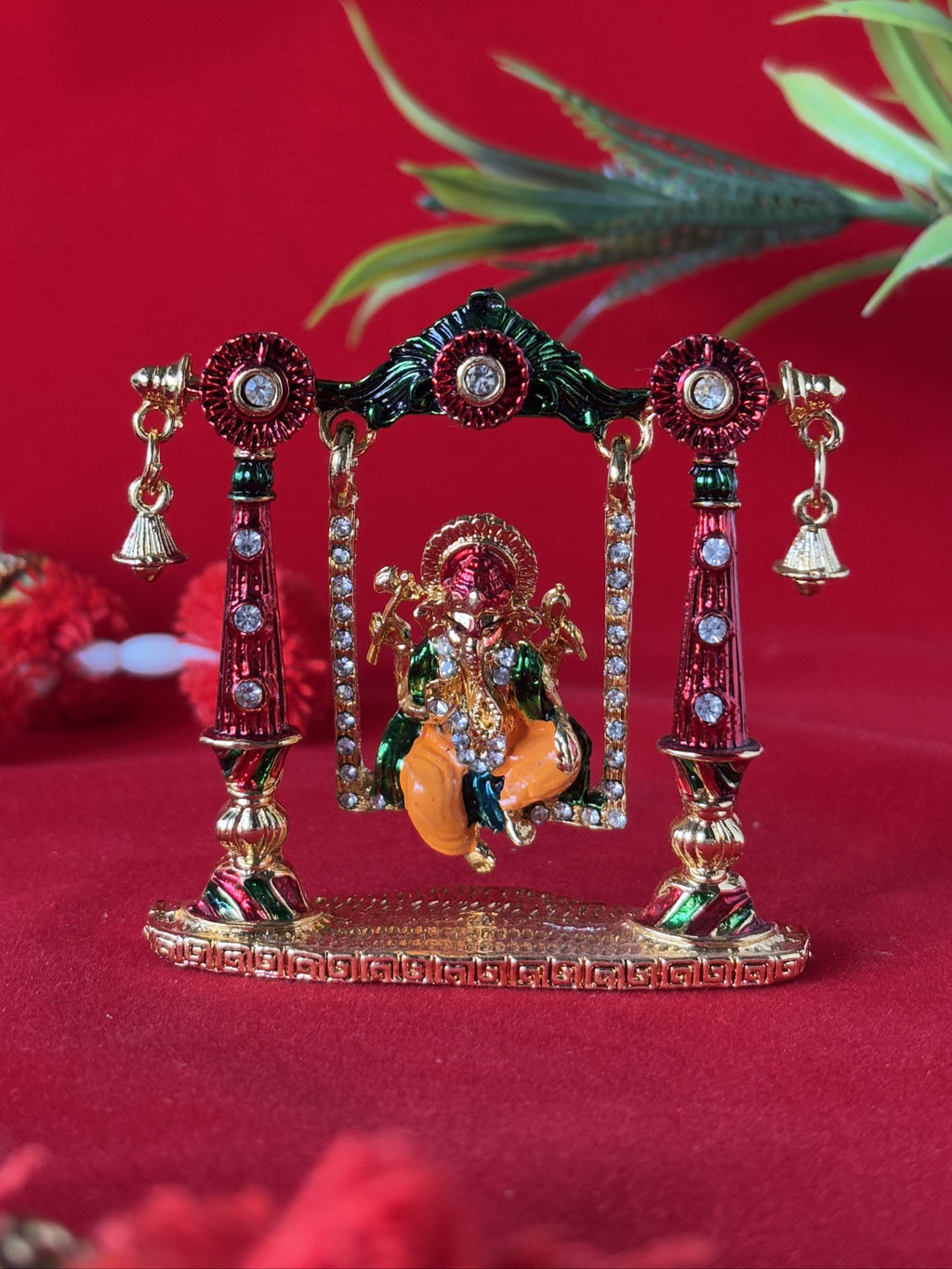 Shri Ganesha on Jewel Studded Swing - Car Dashboard / Office / Home
