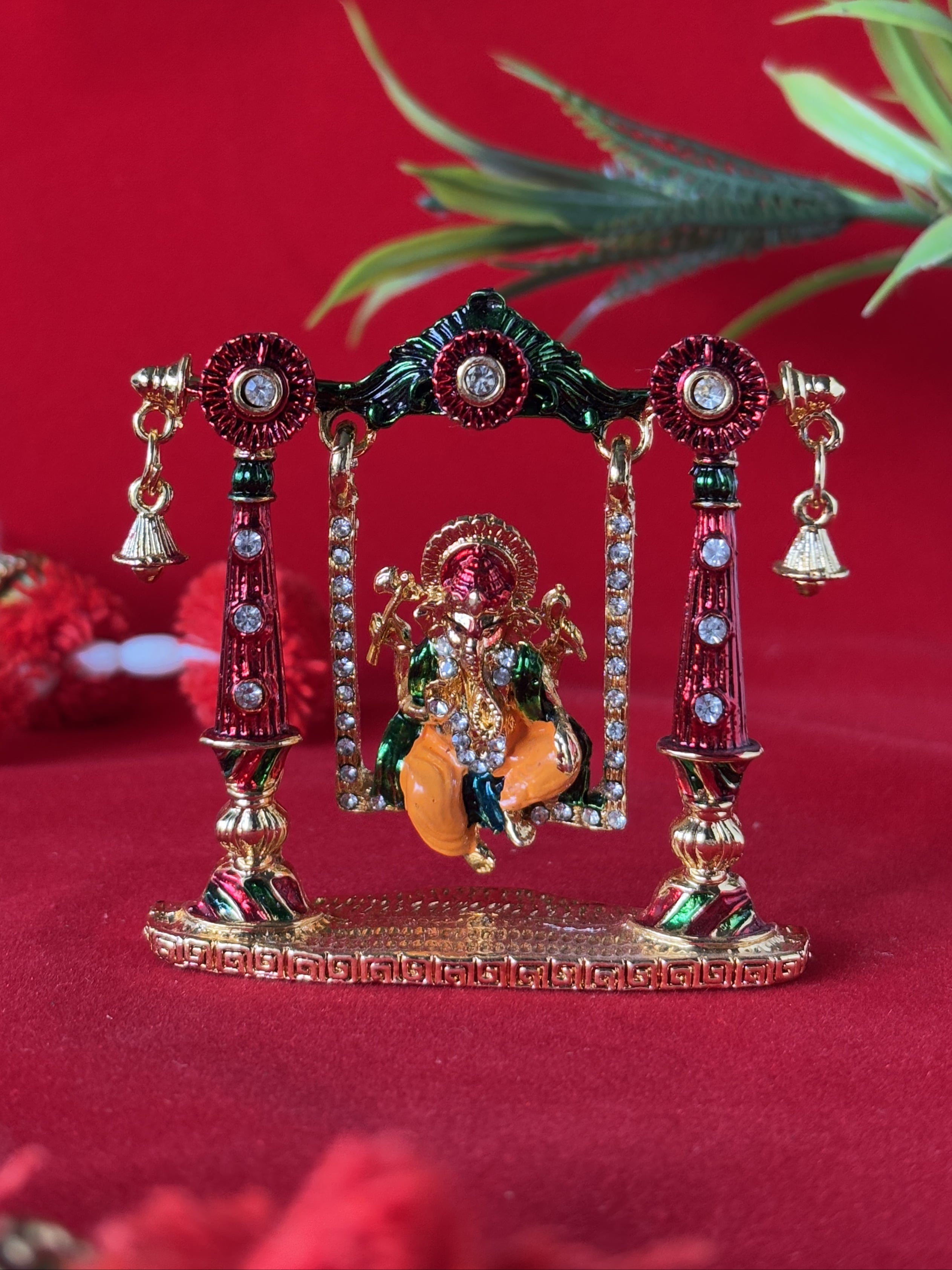 Shri Ganesha on Jewel Studded Swing - Car Dashboard / Office / Home